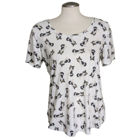 Womens All Over Fox Print Shirt Top Size Medium Ivory Grey Foxes Stretch - Picture 1 of 6